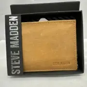 Steve Madden Mens 100% Genuine Leather PassCase Wallet Tan BIFOLD