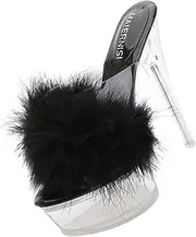 [LIFKOME] High Heel Heeled Sandals House Slippers Sparkly Sliders Clear Heels Lace Slip Shoes Women Sandals for Women Slippers Women Goth Shoes Slides White Artificial Fur