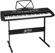 [Alpha] 61 Keys Electronic Piano Keyboard Portable Digital Keyboard with Audio Input, Microphone Input, Headphont Output, 255 Tones Rhythms LED Electric Holder Music Stand Adaptor Power