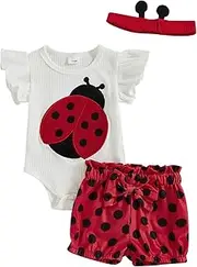 [Tempura] 3 6 9 12 18M Baby Girl Bee Ladybug Embroidery Round Neck Romper Top Shorts Headband 3Pcs Clothes Set