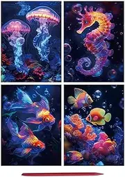 Kit, 4X Rainbow Painting Paper with Pen, Fun Creative Craft Set, Sketch Cards, Ideal for Kids Teens Adults, Fun and Easy to Use, 21x28.5cm