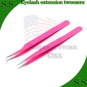 2 Pcs Pink Eyelash Extension Tweezers Set Straight & Curved Volume Lash Makeup