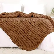 YAAPSU Chunky Knit Throw Blanket for Couch, 51"x63", 100% Hand Knitted Thick Cable Knit with Cozy Jumbo Chenille Yarn, Soft Large Rope Knot Crochet Blankets for Sofa Bed Living Room Décor, Caramel
