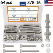 64pcs Hex Cap Bolt and Nut Washer Screws Assortment Kit 3/8-16 Stainless Steel