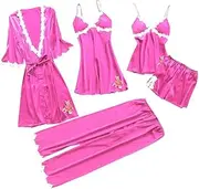 3FLQOOPP Women's Exotic Lingerie Sets Women Pajamas Sets Faux Silk Pajamas Sleepwear Sets Elegant Sexy Lace Homewear V Neck (Hot Pink Small)
