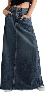 [Chartou] Women Vintage Denim Maxi Skirt Frayed Raw Hem High Waist A-Line Long Jean Skirt