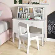 HONEY JOY Kids Study Desk and Chair Set, Children Wooden Craft Table with Chair, Hutch and Storage Cabinet for 3+ Years Old, Student Writing Desk Computer Workstation for Bedroom, White