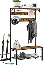 Entryway Coat Rack Hall Tree SimpleWise 5 in 1 Shoe Storage Bench with Umbrella Holder Top Shelf Metal Frame Rack Steel Frame Beautiful Furniture for Entryway, Vintage Brown (Exclusive)