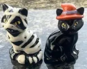 Cracker Barrel Black Cat Halloween Mummy Witch Mini Salt & Pepper Shaker Set