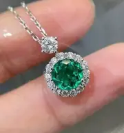 3. 23 Ct Round Natural Emerald Diamond Gorgeous Pendant 14K solid White gold