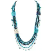 Long Handmade Blue Beige Peacock Glass Seed Bead Layered Necklace, 32"