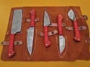 5 piece Kitchen knife set, Chef, cleaver, Red color Jigged scale, Suede Roll bag
