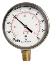 4" Oil Filled Pressure Gauge, SS Case, 1/2" NPT, Lower Mount, -30HG/30PSI