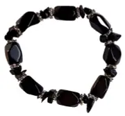 Bracelet, Elastic Stretch - Black Onyx Beads and Chips, Silver Spacers, 7 Inches