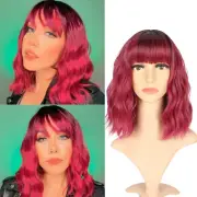 Ombre Colour Natural Wavy Bob Wig with Fringe Short Bob Wigs Women'S Shoulder Le