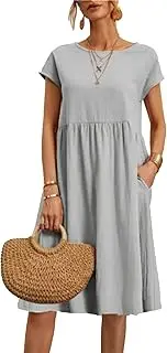 [DGHM-JLMY] Women Linen Dress Tunic Midi Dresses Crew Neck Cap Sleeve Midi Dress Plus Size Short Sleeves Sundress with Pockets