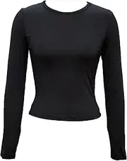 [Zylphorix] Women Slim Round Neck T Shirt Basic Long Sleeve Crop Top Fitted Ribbed Stretchy Tops Blouse