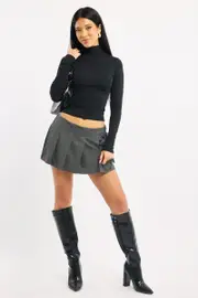 Grey Pleated Skort Skirt High Waisted Mini Bow Detail - Size 14L, Women's Skater Skirt