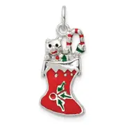 Sterling Silver Polished Enamel Christmas Stocking Pendant
