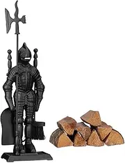 Relaxdays Modern Cast Fire Irons Knight, 4-Piece Fireplace Companion Set with Shovel, Broom, Poker and Rack, Black, 72 x 21 x 12.5 cm
