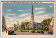 1930s Worcester MA Main Street Unitarian Wesley Church Vintage Postcard