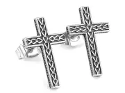 316L Antique Look Stainless Steel Viking Style Cross Ear Stud Earrings (1 Pair)