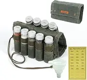 MONGPIENS Camping Spice kit with 9 spice Jar,rope,Spice Labels Sticker,Silicone Collapsible Funnel, Canvas Travel Seasoning container, portable spice bag for travel (CAMEL BROWN) (MILITARY GREEN)