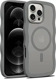 TQLGY for iPhone 12 / iPhone 12 Pro Case, Compatible with MagSafe, Curly Wavy Frame Hard Translucent Matte Back Slim Shockproof Phone Cover, Grey