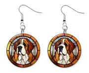 Stained Glass Printed St Bernard Dog Button Earrings Jewelry 1" Dangle USA