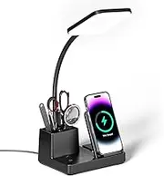 Vicsoon Desk Lamp with Wireless Charger USB Charging Port, Eye-Caring Desk Lamp for Home Office with Pen Holder, Dimmable Table Lamps 3 Color Modes