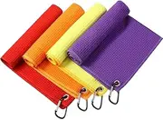 4 Pack Golf Towel for Golf Bags Microfiber Fabric Towel Bag with Clip Waffle Pattern Golf Accessories for Golf Ball Club Set, Multiple Colors (Red, Orange, Yellow, Purple)