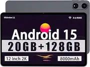 Android 15 Tablet, 12 Inch Tablet with 20GB RAM 128GB ROM 1TB Expansion, T615 Octa-Core Processor, 8000mAh, 2000x1200 2K Display, 5MP + 13MP Dual Camera, Widevine L1, BT5.2, WiFi 5.0, GPS -