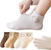[Nanmuir] Toddler Breathable Mesh Socks Solid Color Smiley Face Combed Cotton Baby Ankle Socks for Boys Girls Kids, 5 Pairs