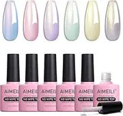 AIMEILI Hema Free Gel Nail Polish Pearl Top Coat 6 Color Set, Cruelty Free, Vegan, 2 In 1 Pearlescent Glitter Glossy Shiny No Wipe Gel Top Coat