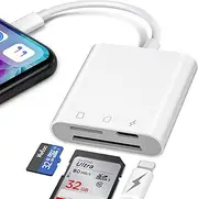 3-in-1 SD Card Reader for iPhone, SD&TF Dual Slots Memory Card Reader for iPad, MicroSD Camera Card Adapter with Charging for Trail Game Camera, Drone, etc. Charging&Reading Simultaneously