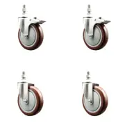 5 Inch 316SS Maroon Polyurethane 3/8 Inch Threaded Stem Caster Set 2 Lock Brake