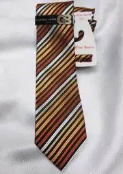 Geoffrey Beene Classic 100% Silk Satin Neck Tie ~ Brown Stripes ~ new with tag