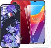 ESACMOT Purple Flowers Pattern Case Compatible with Ulefone Note 10 + [2 Pack] Screen Protector Tempered Glass, Shockproof Case Cover for Ulefone Note 10P (6.52 inch)