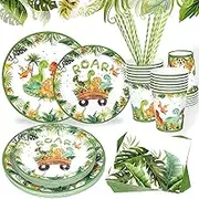 120 Pieces Dinosaur Birthday Party Supplies,Dinosaur Dinnerware Set,24 Serves Dino Disposable Tableware Set with Plates,Cups,Napkins,and Cutlery Sets for Dinosaur Themes Party