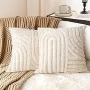 Sunlit 18x18 inch/45x45 cm Boho Decorative Textured Throw Pillow Covers, Set of 2 Modern Abstract Mid Century Tufted Pillow Case, Farmhouse Neutral Woven Cushion Case, Creamy White (Cover ONLY)