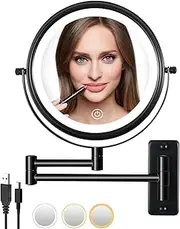 LANSI Rechargeable Wall Mounted Lighted Makeup Mirror, Mounted Makeup Magnifying Mirror with Lights,10X LED Vanity Mirror Wall Mounted, 8" Wall Bathroom Light Up Magnified Mirror (Black)