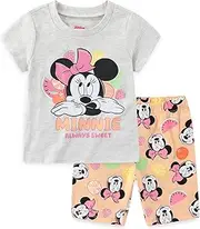[Disney] Minnie Mouse Girls 2 Piece Pullover T-Shirt and Shorts Set for Toddlers and Big Kids, Beige/Grey, 5