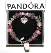 PANDORA Lobster Clasp Silver Bracelet With Love Hearts Pink European Charms, BOX