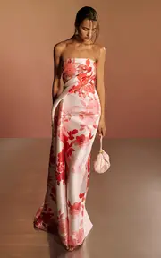 [Monique Lhuillier] Strapless Draped Column Gown With Train