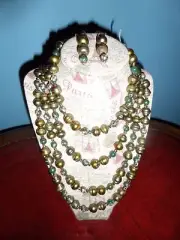 Ringed Green Saltwater Pearl 4 Strand Necklace Jade Pendants Crystal Cloisonne