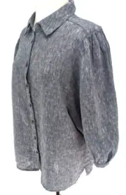 CHICO'S Women's 100% Linen Ballon Sleeve Shirt Sz 3/US 16 Navy Button $99 NEW *