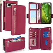 [SunYoo] for Google Pixel 8A Case Leather Wallet with Card Holders Money Slots Wrist Strap for Women Men RFID Blocking Purse for Pixel8A Zipper Coin Pocket Cover Kickstand Folio Flip Case Red