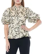 Gracia Puffed Sleeve Collared Button Down Peplum Blouse