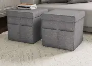 Foldable Storage Cube Ottoman with Pockets – Multipurpose Footrest Gray