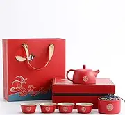 Wedding gift, Chinese Double Happiness Red Wedding Tea Set, Handmade Ceramic 1 Teapot 4 Cups 1 Canister For Newlyweds, Friends Chinese Traditional Wedding Decoration Supplies